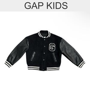 GAP KIDS BLACK AND WHITE RECYCLED WOOL BLEND UNISEX VARSITY JACKET